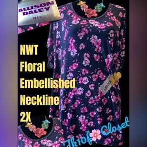 LOWEST🌺 NWT Allison Daley 2X Embellished Neckline NAVY/PINK BUTTERY SOFT TOP